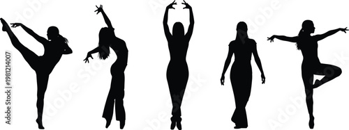 Female dance silhouettes collection, expressive modern dance poses, graceful movement, artistic performance concept, black isolated figures, elegance illustration set, contemporary dancers