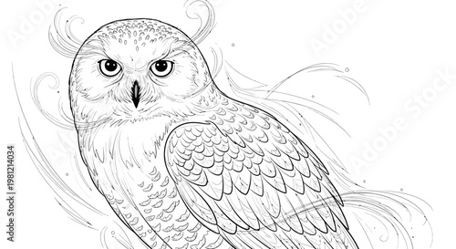 Detailed monochrome illustration of a majestic owl with intricate feather patterns