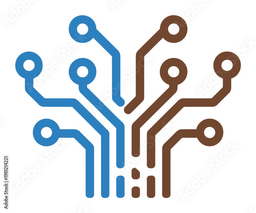 Abstract circuit board with blue and brown lines and circles