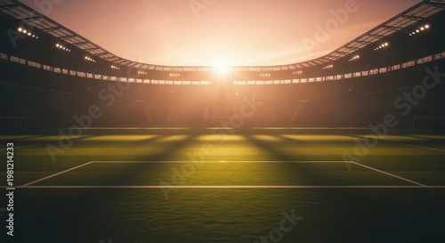 A breathtaking view of a massive empty soccer stadium under the warm glow of a golden sunset sky.