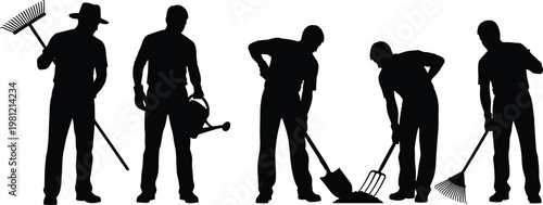 Gardener working silhouettes collection, men with tools, rake and shovel poses, gardening activity concept, black isolated figures, outdoor work illustration set