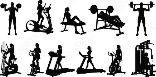 Gym fitness silhouettes collection, workout exercises set with equipment, people training weightlifting running cycling illustration, isolated black athlete figures bundle, sport activity pack