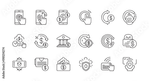 Mobile Banking and Fintech Line Icon Set for Digital Payments