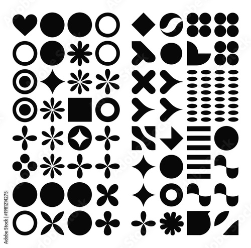Collection of Black Geometric and Abstract Shapes on White Background