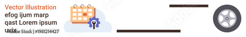 Workflow automation, scheduling, task management, productivity tools, machinery integration, efficiency. A calendar with gear and key icon connected to a wheel, task flow. Workflow automation