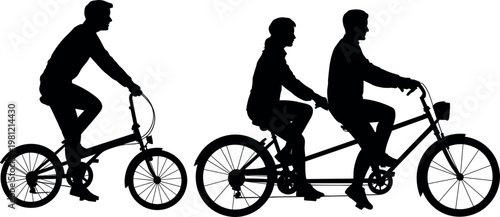Cyclists silhouettes set, man riding bicycle and couple tandem bike, sport vector illustration collection