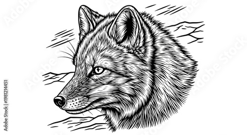 Detailed monochrome illustration of a wolf head profile with textured fur