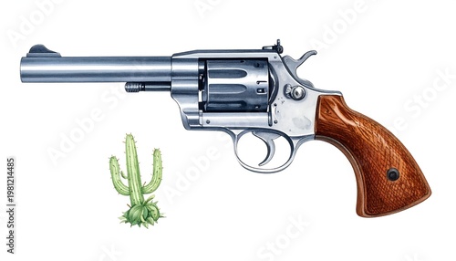 Silver revolver with wooden handle, laying near a small green cactus, isolated against a plain background