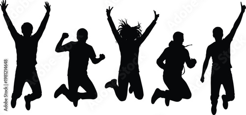 Jumping people silhouettes collection, happy celebration poses, success and victory concept, energetic movement, black isolated figures, excitement illustration set, joyful lifestyle