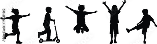 Kids playing silhouettes collection, children running jumping and scooter poses, playful childhood activity concept, black isolated figures, happy movement illustration set