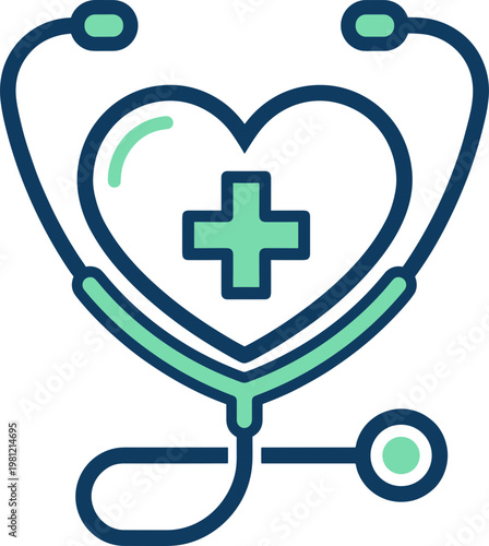 A stethoscope with a heart and medical cross symbol is shown.