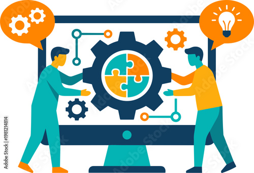 Two people collaborating on a computer screen with gears and puzzle pieces