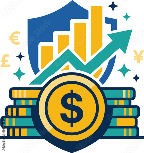 A shield protects rising financial graphs and stacks of money books with currencies.