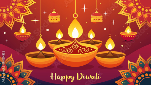 Colorful diwali diyas with festive happy diwali greeting