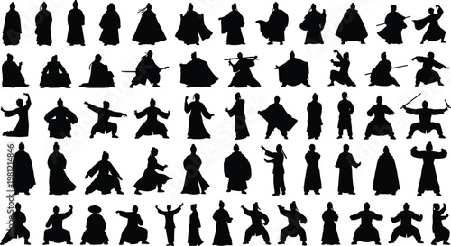 Kung fu warrior silhouette collection with traditional martial arts poses, combat stances, Asian fighters set, action movement, black and white vector illustration