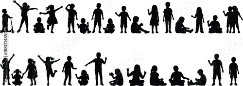 Kids silhouettes collection, children playing sitting standing poses set, playful child activity figures illustration, isolated black human silhouettes bundle, diverse kid posture pack