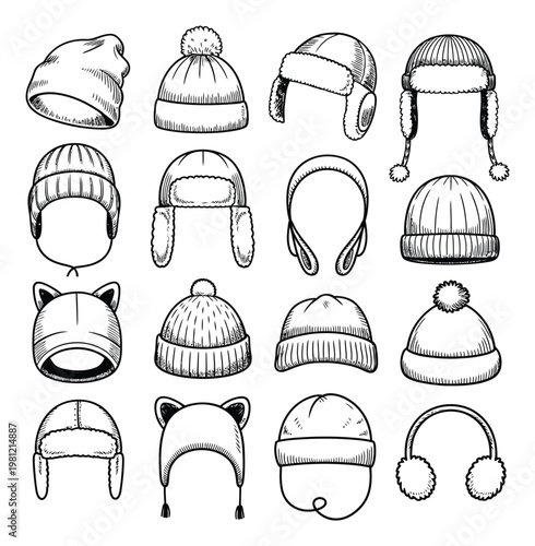 Collection of Hand-Drawn Winter Hats and Ear Muffs