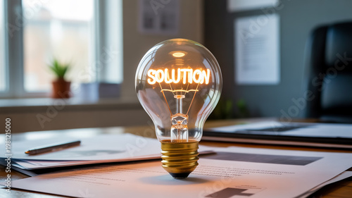 Close-up photograph of a glowing light bulb with the word solution inside.