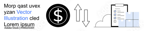 Finance, e-commerce, logistics, trade, currency conversion, shipping. A dollar symbol, up and down arrows checklist on cloud-connected device. Finance and e-commerce