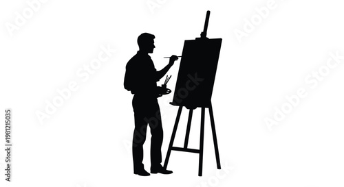 Artist painting at an easel a striking black silhouette