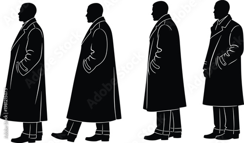 Men in coat silhouettes collection, stylish fashion poses, winter outfit concept, elegant male figures, black isolated illustration set, modern clothing design