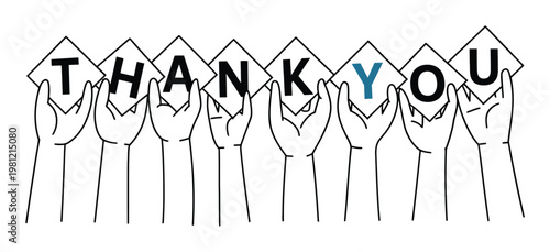 Diverse Hands Hold Up "Thank You" Message in Simple Line