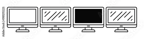 Four computer monitors displayed in a row, showing different screen states