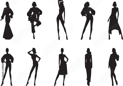 Collection of woman silhouettes on transparent background in various poses and outfits
