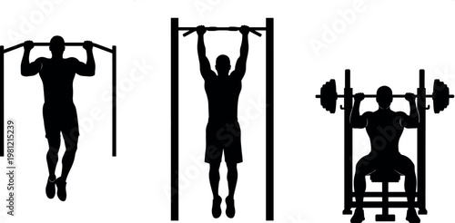 Gym workout silhouette vector set with pull up hanging and barbell exercise training illustrations collection