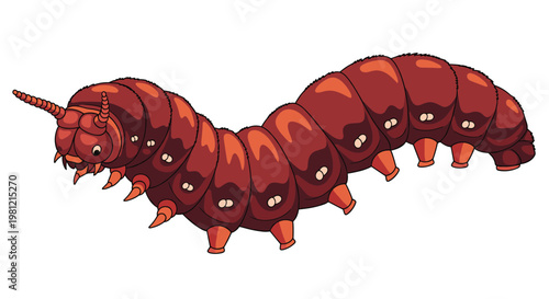 Detailed segmented caterpillar, with multiple legs and antennae, showcasing its brown and red colors, in a crawling motion.