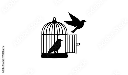 Slika na platnu Bird escaping cage silhouette freedom concept vector isolated on white