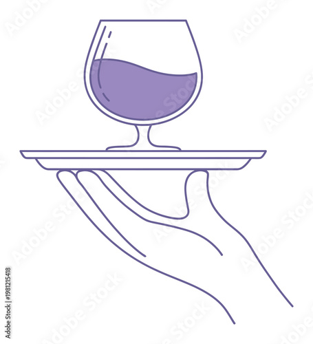 Hand holding a tray with a glass of purple liquid