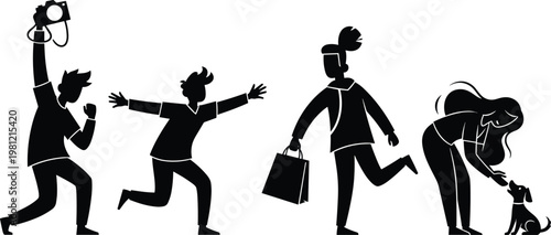 People activity silhouettes collection, photographer, traveler, shopper, pet owner poses, daily lifestyle concept, black isolated figures, modern life illustration set