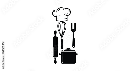 Culinary tools and chef s hat in a striking black silhouette