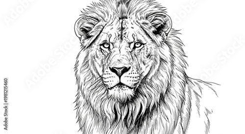 Detailed monochrome lion illustration head and mane on white background