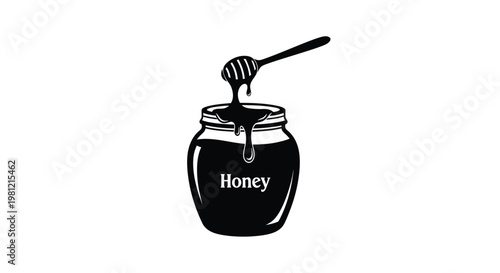 Black honey jar with dripping honey and dipper a striking silhouette