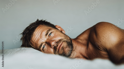 man smiles joyfully after finishing his workout towel draped across his shoulders