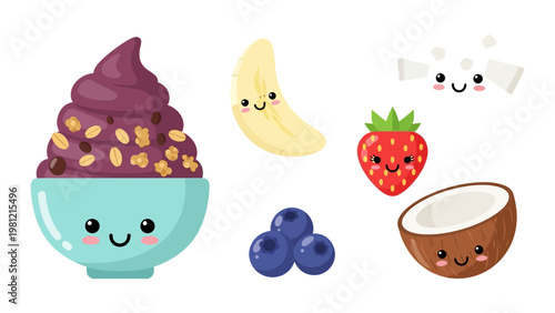 Kawaii acai bowl and fruit characters vector illustration set featuring cute strawberry banana blueberry and coconut for healthy food design