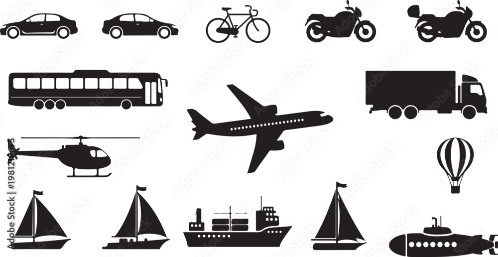 Obraz premium Transportation icons, vehicle silhouettes, travel symbols, 16 black icons