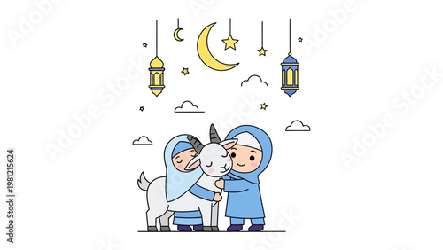 Eid al-Adha vector illustration of Muslim girls hugging a sacrificial goat under a crescent moon and lanterns