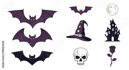 Set of Halloween decorative elements including bats skull witch hat and haunted house