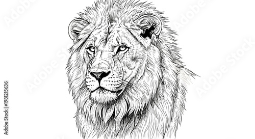 Detailed monochrome lion illustration with intricate fur and majestic presence