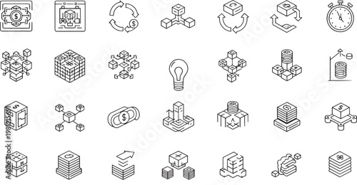 Blockchain Technology and Cryptocurrency Isometric Line Icons Set