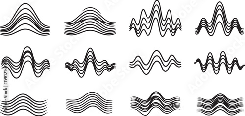 Various waveforms and signal patterns shown in black lines Vector