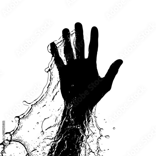A hand emerging from flowing water in a striking black and white composition