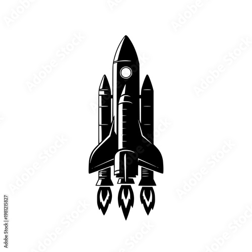 Vintage style rocket ship illustration ascending with three boosters