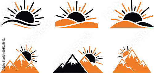 Collection of minimalist sunrise and sunset icons featuring sun rays over waves, hills, and mountains