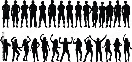 People silhouettes collection, standing and dancing crowd poses set, diverse human figures group, party and casual posture illustration, isolated black silhouette characters bundle