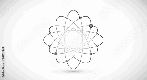 Abstract atom model with orbiting electrons on a gray gradient background.