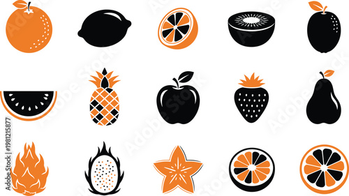 Collection of minimalist fruit icons including apple, orange, pineapple, and kiwi in black and orange